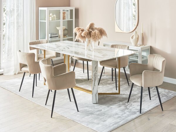 Jedálenský stôl biela a zlatá MDF sklo kov 100 x 200 cm mramorový vzhľad obdĺžnikový pre 8 osôb elegantný glamour dizajn