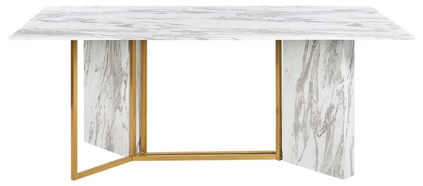 Jedálenský stôl biela a zlatá MDF sklo kov 100 x 200 cm mramorový vzhľad obdĺžnikový pre 8 osôb elegantný glamour dizajn