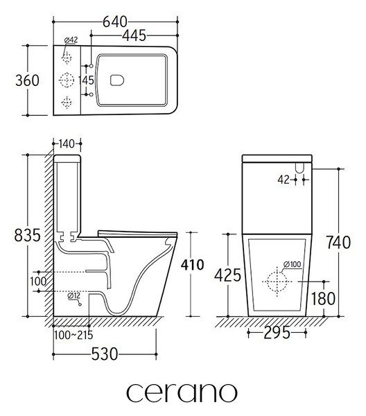 CERANO - WC kombi Bruno, Rimless + Slim/UF sedátko - spodný/zadný odpad - biela lesklá - 64x36 cm