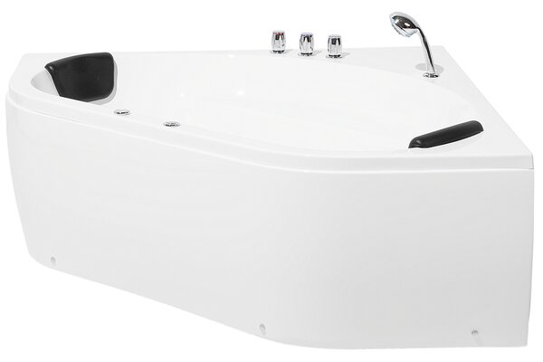 Rohová vaňa biela akrylát 140 x 140 cm pre 2 osoby vodné masážne trysky opierky hlavy LED osvetlenie kúpeľňa