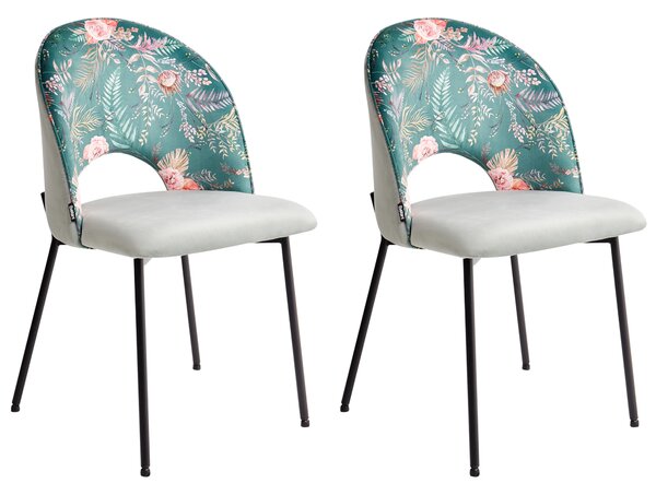 Sada 2 jedálenských stoličiek zelené zamatové čalúnenie kvetovaný vzor čierne nohy retro glamour