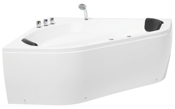 Rohová vaňa biela akrylát 140 x 140 cm pre 2 osoby vodné masážne trysky opierky hlavy LED osvetlenie kúpeľňa