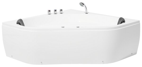 Rohová vaňa biela akrylát 140 x 140 cm pre 2 osoby vodné masážne trysky opierky hlavy LED osvetlenie kúpeľňa
