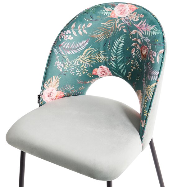 Sada 2 jedálenských stoličiek zelené zamatové čalúnenie kvetovaný vzor čierne nohy retro glamour