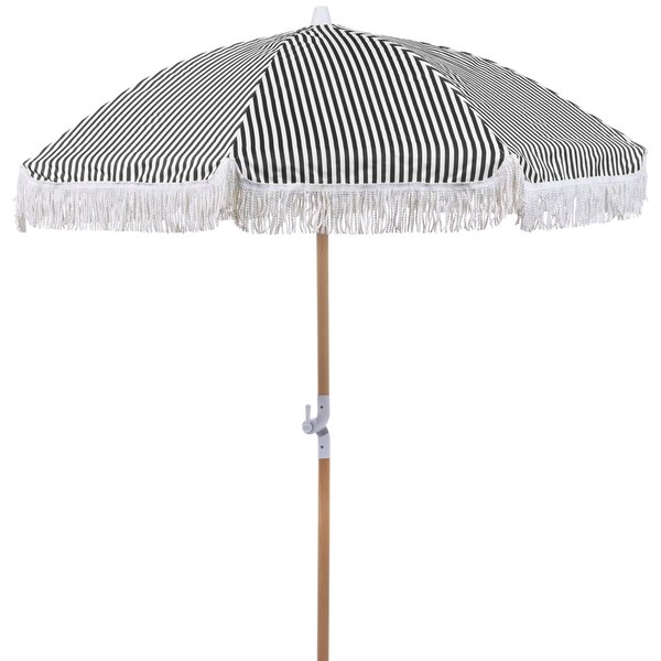 Záhradný slnečník čierna biela polyester tyč z bukového dreva ⌀ 150 cm okrúhly nastaviteľný UV odolný retro štýl exteriér