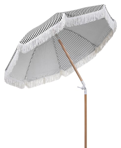 Záhradný slnečník čierna biela polyester tyč z bukového dreva ⌀ 150 cm okrúhly nastaviteľný UV odolný retro štýl exteriér