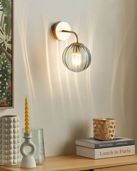 Nástenná lampa modrá a zlatá sklenená kovová 28 cm guľaté tienidlo osvetlenie do spálne obývačky retro art deco