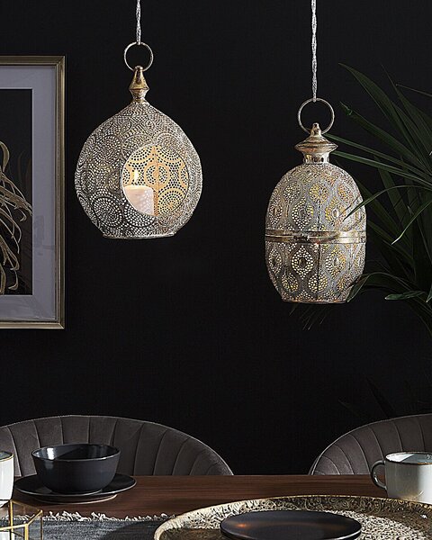 Lampáš zlatý kovový 33 cm so skleneným držiakom na sviečku orientálny ozdobný boho