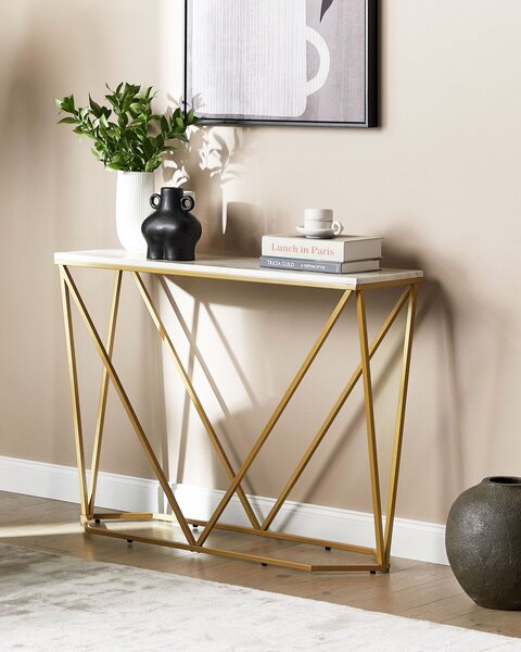 Konzolový stolík biely mramorový efekt a zlatá MDF práškovo lakované železo 100 x 30 cm obdĺžnikový glamour moderný štýl
