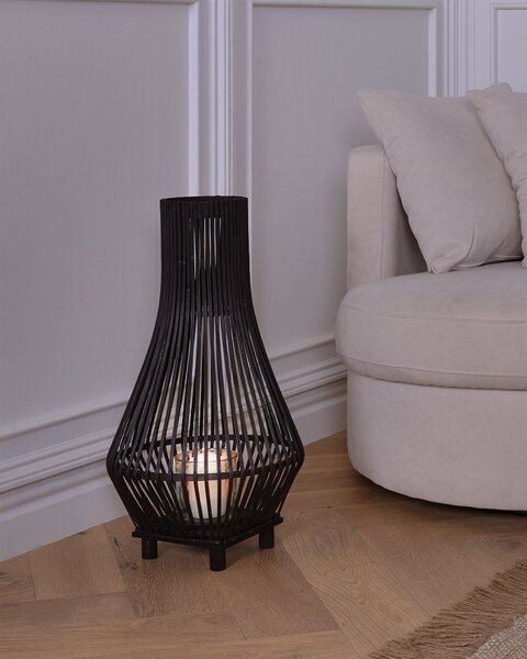 Lampáš na sviečku čierny bambusové drevo 58 cm so skleneným stojanom na sviečku boho štýl interiér