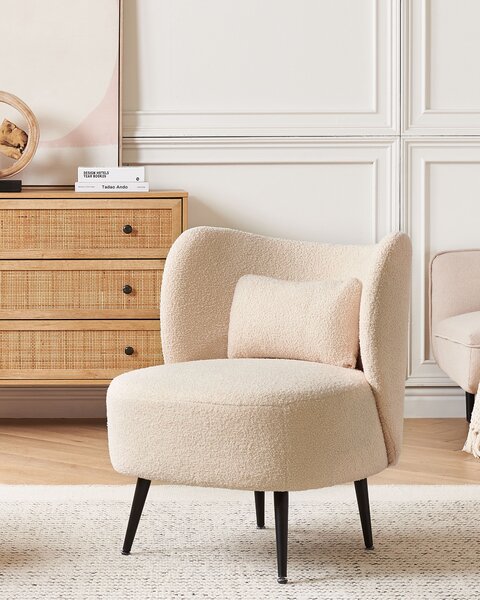 Kreslo béžová buklé čalúnenie čierne nohy zaoblené operadlo retro glamour art deco štýl obývačka spálňa