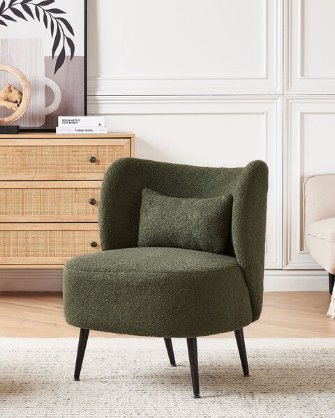 Kreslo tmavozelené buklé čalúnenie čierne nohy zaoblené operadlo retro glamour art deco štýl obývačka spálňa