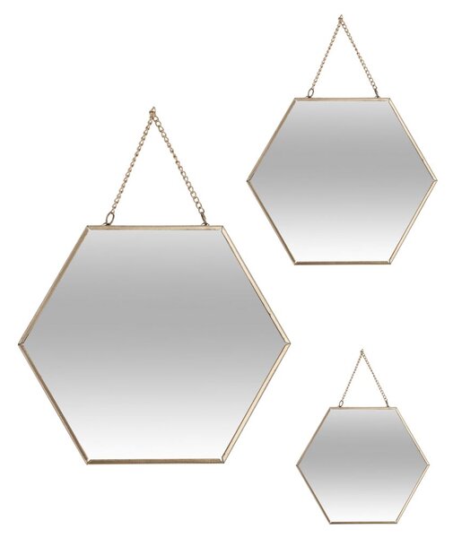 Závesné zrkadlo Hexagon, zlaté, sada 3ks