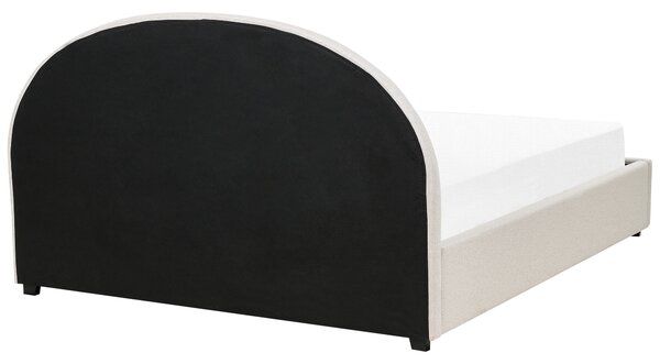 Posteľ s úložným priestorom svetlobéžová polyesterové čalúnenie 180 x 200 cm zaoblené čelo minimalistický retro dizajn spálňa