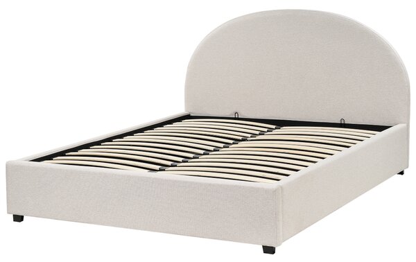 Posteľ s úložným priestorom svetlobéžová polyesterové čalúnenie 160 x 200 cm zaoblené čelo minimalistický retro dizajn spálňa