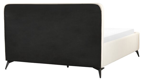 Rám postele s čelom béžové menčestrové čalúnenie čierne kovové nohy 160 x 200 cm klasický minimalistický štýl spálňa