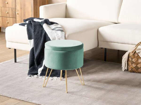 Taburet s úložným priestorom zelený zamat 42 x 42 x 44 cm zlaté kovové nohy čalúnený podnožka glamour moderný štýl obývačka