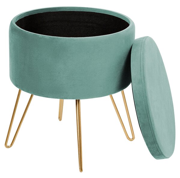 Taburet s úložným priestorom zelený zamat 42 x 42 x 44 cm zlaté kovové nohy čalúnený podnožka glamour moderný štýl obývačka