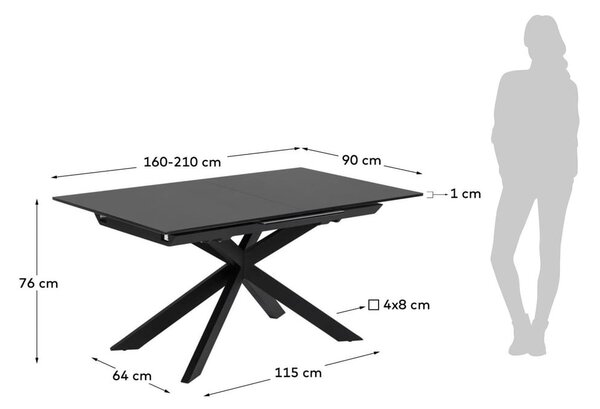 Čierny rozkladací jedálenský stôl so sklenenou doskou 90x210 cm Atminda – Kave Home