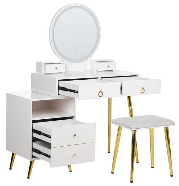 Toaletný stolík biela a zlatá MDF 6 zásuviek LED zrkadlo stolička nábytok do obývačky glamour dizajn