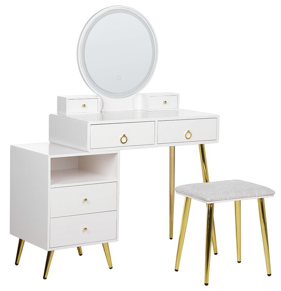 Toaletný stolík biela a zlatá MDF 6 zásuviek LED zrkadlo stolička nábytok do obývačky glamour dizajn
