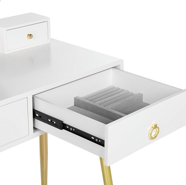 Toaletný stolík biela a zlatá MDF 6 zásuviek LED zrkadlo stolička nábytok do obývačky glamour dizajn