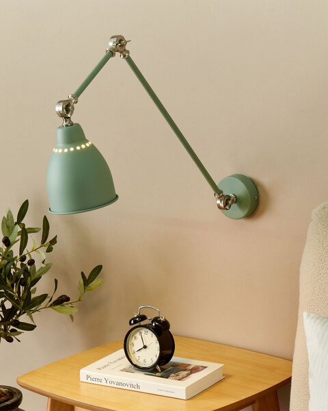 Nástenná lampa svetlozelená kovová ø 14 cm matný povrch dlhé nastaviteľné rameno svetlo na čítanie moderný dizajn