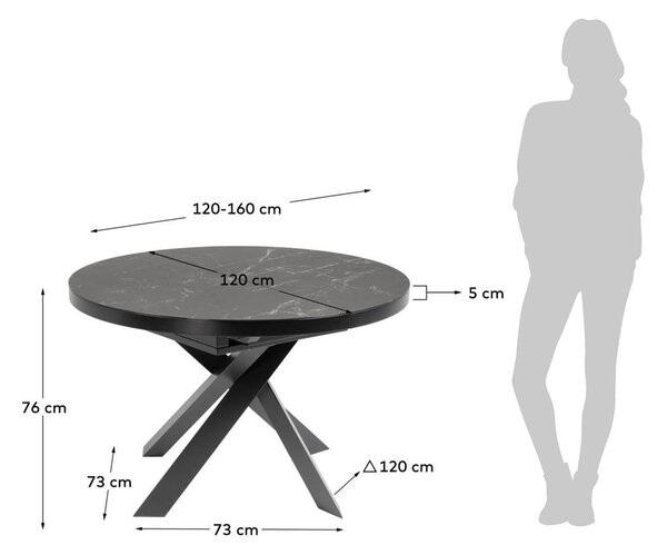 Čierny okrúhly rozkladací jedálenský stôl s keramickou doskou ø 160 cm Vashti – Kave Home