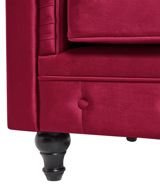 Kreslo chesterfield červené zamatové čalúnené nízke prešívané operadlo tmavé drevené nohy moderné