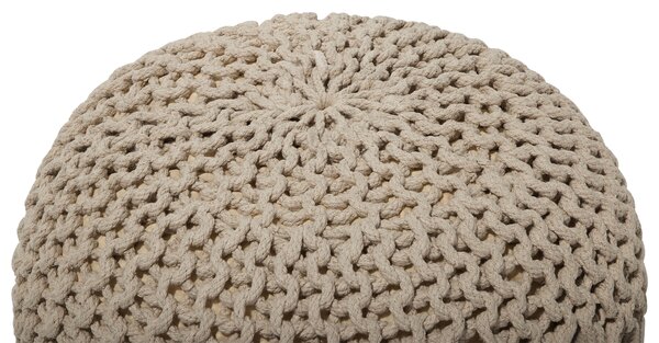 Puf taburetka béžová okrúhla bavlnená 50 x 35 cm pletená podnožka výplň z polystyrénového granulátu