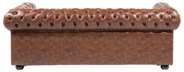 Pohovka chesterfield hnedá umelá koža čalúnená nízke prešívané operadlo čierne nohy 3-miestna moderná