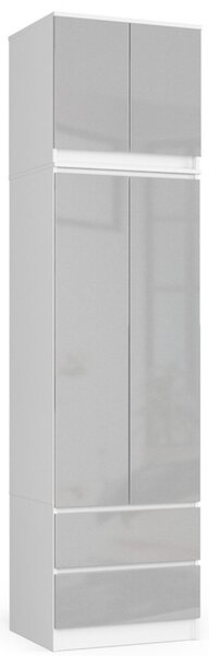 Šatníková skriňa s nadstavbou S60 2D 2SZ CLP, biela/sivý lesk