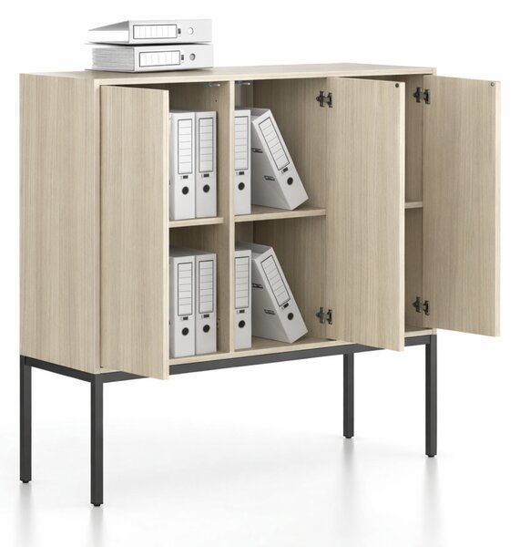 Kancelárska skriňa FRAME, nízka, čierna podnož, 3x dvere, 1299 x 450 x 1331 mm, PUSH-lock, dub prírodný