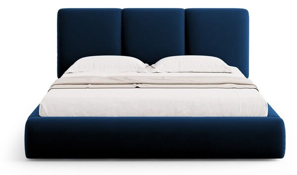 Tmavomodrá zamatová čalúnená dvojlôžková posteľ s úložným priestorom s roštom 200x200 cm Brody – Mazzini Beds