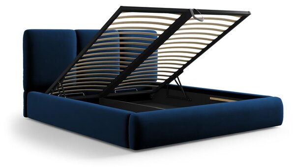 Tmavomodrá zamatová čalúnená dvojlôžková posteľ s úložným priestorom s roštom 200x200 cm Brody – Mazzini Beds