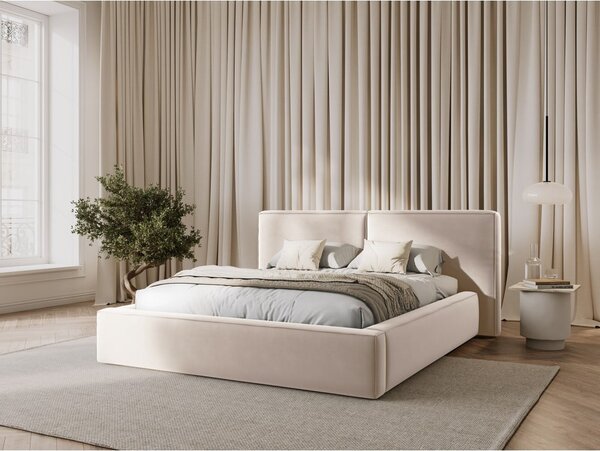 Krémová zamatová čalúnená dvojlôžková posteľ s úložným priestorom s roštom 180x200 cm Arendal – Cosmopolitan Design