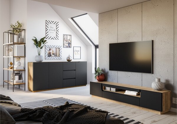TV stolík Loftia 200 cm s otvorenou policou - dub artisan / čierny mat