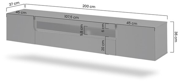 Závesná RTV skrinka Loftia 200 cm dvojdverová s výklenkom - artisan / čierny mat