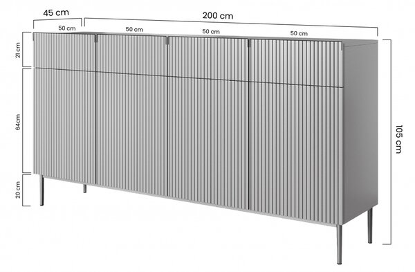 Komoda Nicole 200 cm so štyrmi dverami a zásuvkami s ryhovaným čelom - kasmír / čierne nožičky