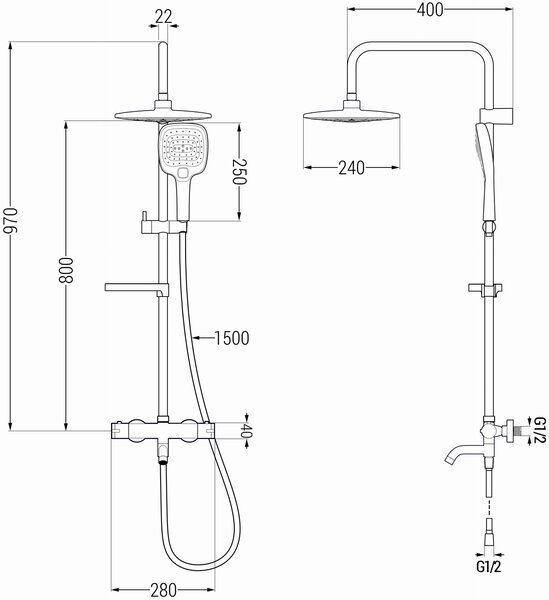 Mexen KX17 sprchový set s hornou hlavicou 25 cm, s termostatickou vaňovou batériou Kai, chrómová-biela, 779001791-02