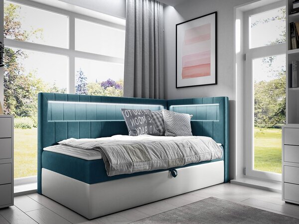 Kontinentálna jednolôžková posteľ 100x200 RAMIRA 3 - biela ekokoža / modrá 2, pravé prevedenie + topper ZDARMA
