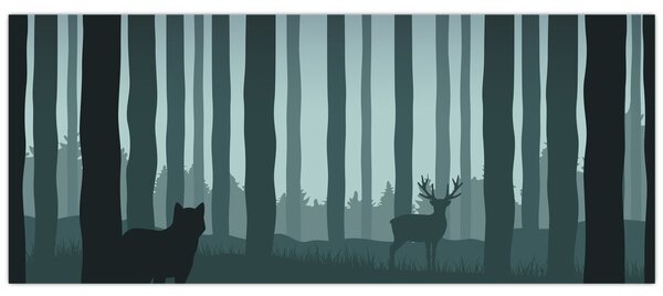 Obraz - Jeleň s vlkom v skalách (120x50 cm)