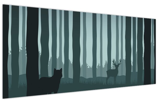 Obraz - Jeleň s vlkom v skalách (120x50 cm)