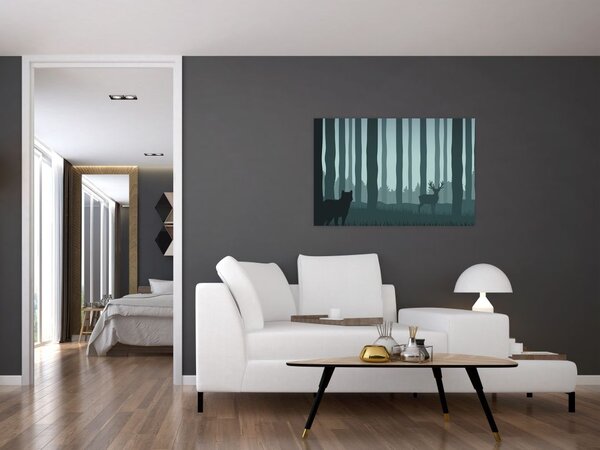 Obraz - Jeleň s vlkom v skalách (90x60 cm)