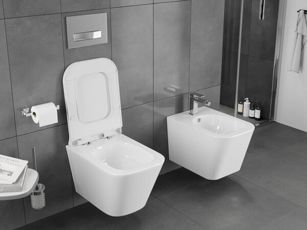 Mexen Teo, závesná WC misa 510x345x340 mm, Rimless Tornádo + WC sedadlo z duroplastu, biela lesklá, 30850700T