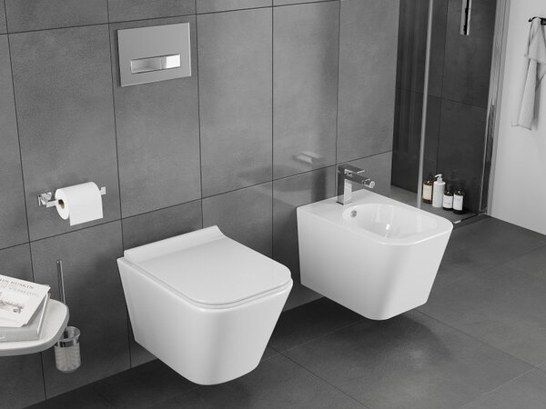 Mexen Teo, závesná WC misa 510x345x340 mm, Rimless Tornádo + WC sedadlo z duroplastu, biela lesklá, 30850700T