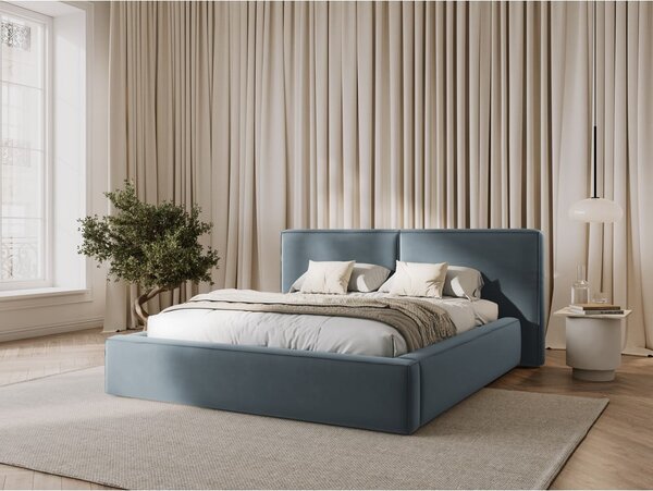Svetlomodrá zamatová čalúnená dvojlôžková posteľ s úložným priestorom s roštom 180x200 cm Arendal – Cosmopolitan Design