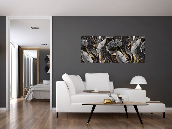Obraz - Tropické listy v čierno-zlatej (120x50 cm)