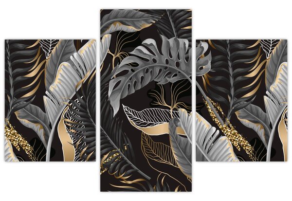 Obraz - Tropické listy v čierno-zlatej (90x60 cm)
