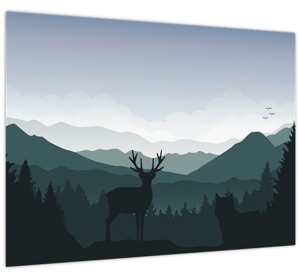 Obraz - Jeleň s vlkom v skalách (70x50 cm)